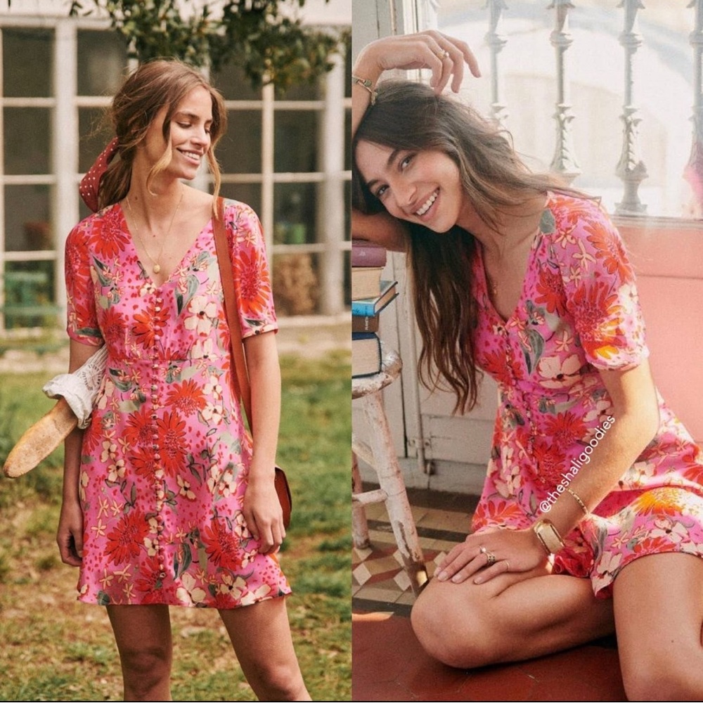 Sezane Sola Dress pink floral silk mini sz 36 4 6 S